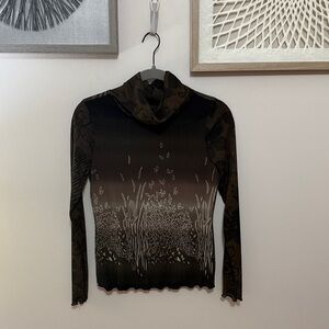 Elegant Brown and Black Women's sheer long-sleeve mesh top.